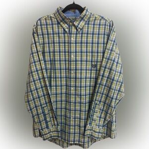 Chaps Men’s Plaid BU LSV Shirt Yellow Blue Size Large 60% Cotton 40% Polyester